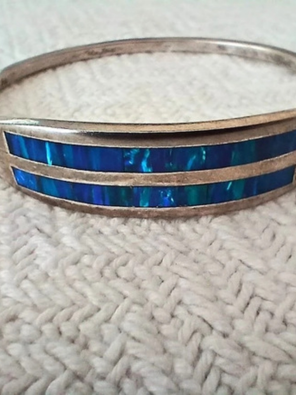 Blue Opal Looking Inlay Silver Cuff Bracelet